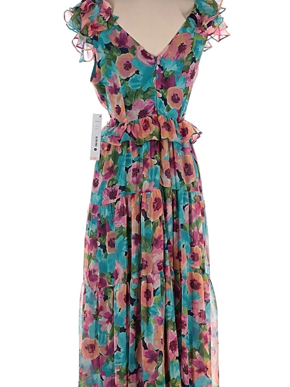 Aqua Floral Ruffle Tiered Maxi Dress in Teal, Pink & Green